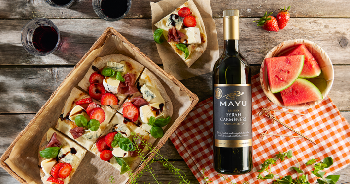 Antipasto pinsa ja Mayu Reserva Syrah Carménère Appassimento